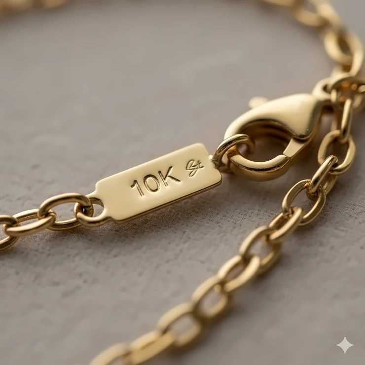 Close-up macro view of the 10k gold necklace clasp showing the official purity hallmark stamp.