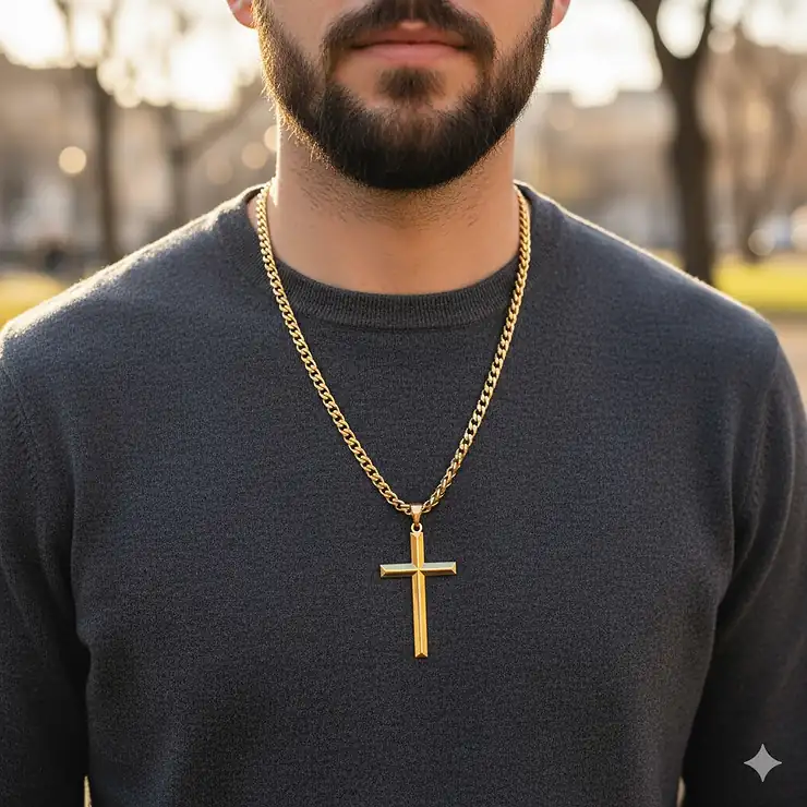 14k gold cross necklace for men styled on a model over a dark shirt, showcasing the perfect drop length and masculine design.