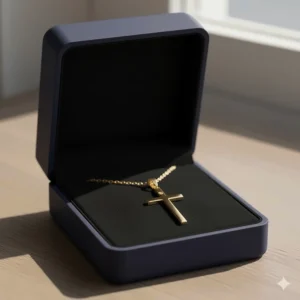 The 14k gold cross necklace presented in a luxurious gift box, ready for giving to women.
