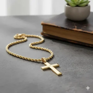 14k gold cross necklace for men paired with a durable and stylish rope chain, a popular choice for a strong, masculine look.