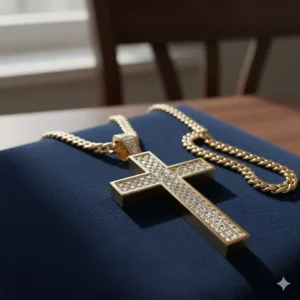 Luxurious 14k gold cross necklace for men featuring pave-set diamonds for a brilliant, eye-catching sparkle.