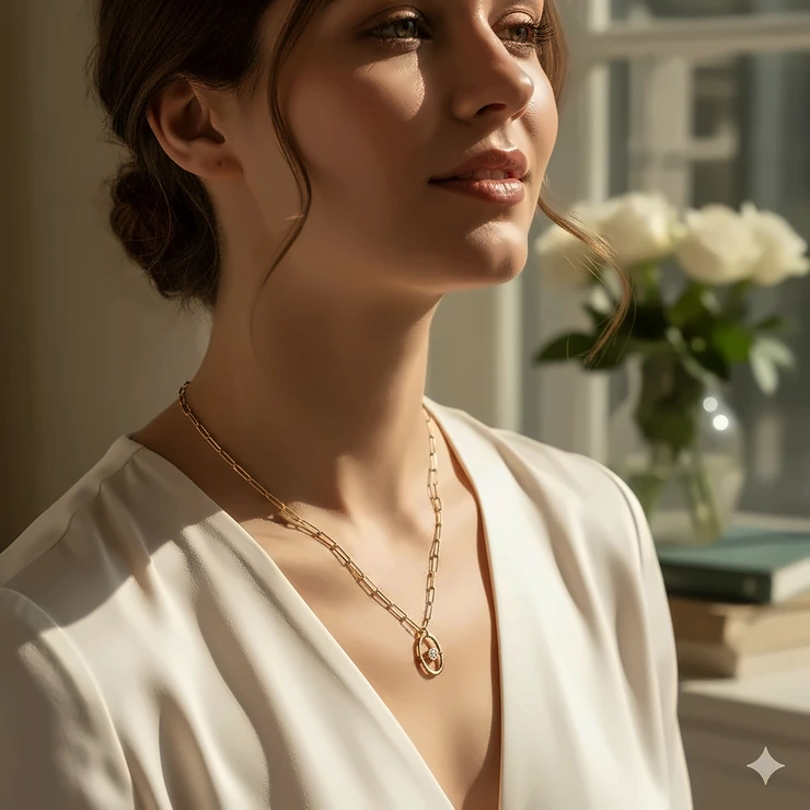 Close-up of a beautiful 14k gold necklace worn by a woman, showing the intricate link design and delicate shine.
