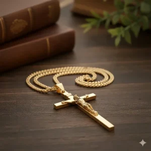 Traditional 14k yellow gold crucifix necklace for men, an elegant and meaningful religious pendant.