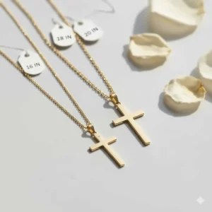 Comparison image showing the 18k gold cross necklace available in 16-inch, 18-inch, and 20-inch chain lengths.