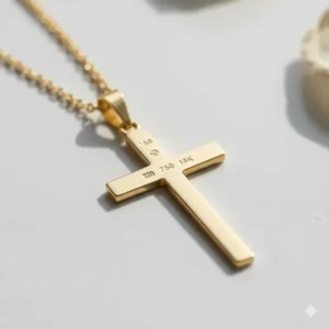 Image of the back of the 18k gold cross necklace pendant showing the official 18k hallmark stamp.