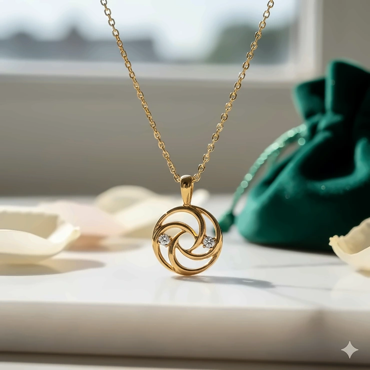 Stunning close-up of an 18k gold necklace with a delicate pendant, highlighting the rich hue and quality of the 18-karat gold.