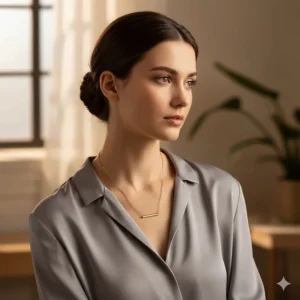 A classic 18k gold necklace gracefully draped around the neck of a model, demonstrating the length.