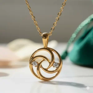 Detailed view of the intricate craftsmanship on the pendant of this beautiful 18k gold necklace.