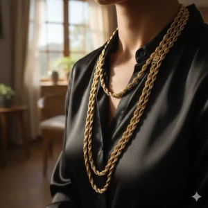 Extra-long rope design 22k gold necklace, perfect for a statement look or layering over clothing.