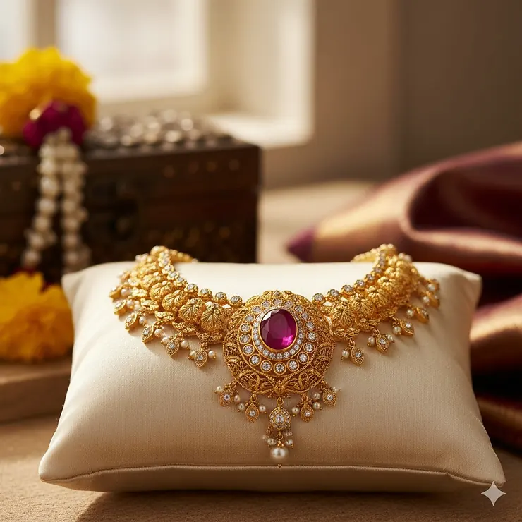 Close-up shot of a stunning 22k gold necklace with intricate craftsmanship, perfect for a wedding or special occasion.