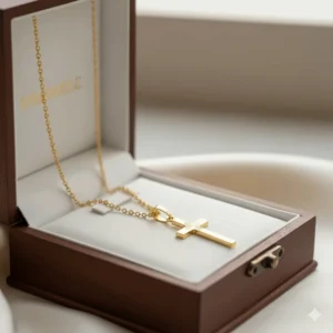 Presentation of the exquisite 24k gold cross necklace resting in a satin-lined gift box.
