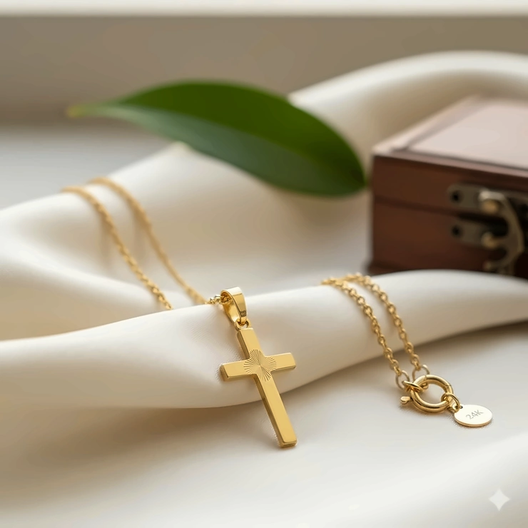 Beautiful and elegant 24k gold cross necklace displayed for online viewing.