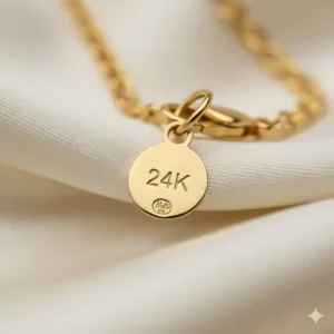 Close-up of the 24k gold purity stamp or hallmark on the cross necklace pendant.