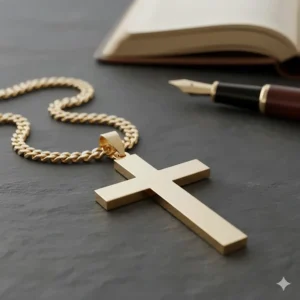 The back of a 14k gold cross pendant for men, highlighting the smooth surface available for personalized engraving.