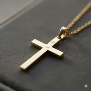 Back view of the high-quality 14k gold cross necklace for women, showing the hallmark and secure bale.