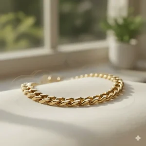 Detailed view of a thick, substantial 14k gold chain necklace, like a classic Cuban link, for a bold statement.