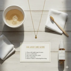 Simple cleaning instructions and care tips to maintain the shine of your valuable 14k gold necklace.
