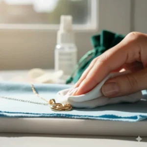 Hand gently polishing an 18k gold necklace with a soft cloth to maintain its brilliant shine.