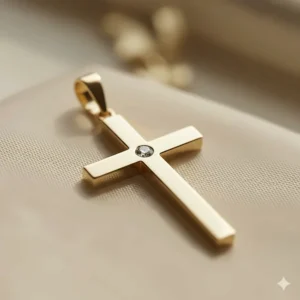 Detailed close-up of the delicate 14k gold cross pendant, highlighting the polished finish and craftsmanship.
