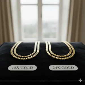 A side-by-side comparison illustrating the color difference between an 18k and 24k necklace gold.