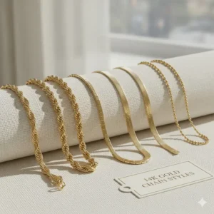 Comparison chart showing different chain styles available for your 14k gold necklace, including rope, box, and cable links.