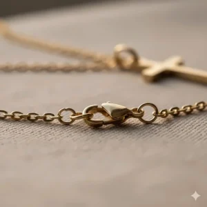 Detail of the adjustable chain on the gold cross necklace, showing the sturdy clasp and delicate link style.
