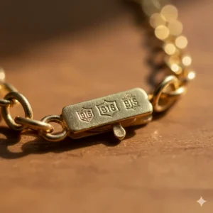 Macro image of the official 22k gold hallmark stamp on the clasp of a necklace, ensuring purity.
