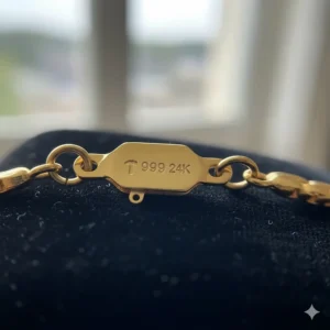 Macro photo of the '999' or '24K' hallmark stamped on the clasp of a high-purity gold necklace.