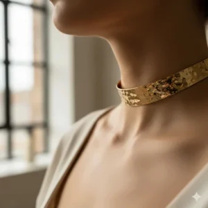 Modern 22k gold necklace choker with a unique, fashionable hammered metal finish.
