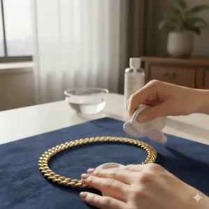 Image showing a soft cloth being used to gently polish a 24k necklace gold, demonstrating proper cleaning.