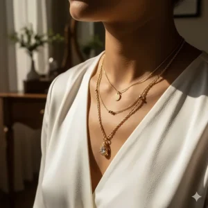 Styling suggestion showing three layered 22k gold necklaces of varying lengths and styles.