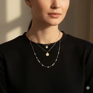 Example of a fashionable layered look featuring the 18k gold cross necklace with other fine chains.
