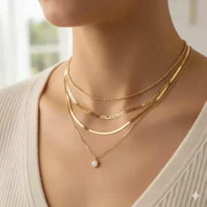 Fashionable example of layering multiple 10k gold necklaces of varying lengths for a trendy, stacked look.