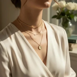 Styling suggestion: fashionable layering of three different length 14k gold necklaces for a trendy look.