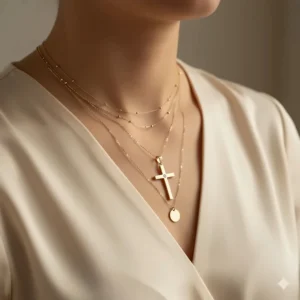 Styling idea: a 14k gold cross necklace layered beautifully with other delicate women's gold chains.