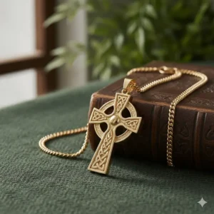 Intricate 14k gold Celtic cross necklace for men with detailed knotwork, representing eternal life and heritage.