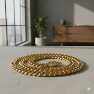 A thick, durable men's 24k gold necklace on a neutral background, highlighting its substantial weight and quality.