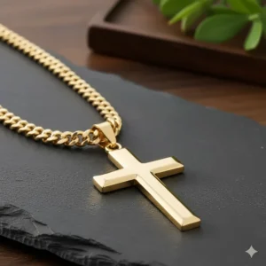 Simple, classic 14k yellow gold cross necklace for men with a polished finish and thick beveled edges, ideal for everyday wear.