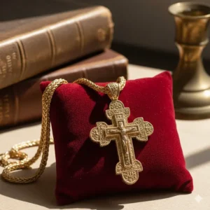 Highly detailed Byzantine-style 14k gold cross pendant for men, showcasing intricate craftsmanship and texture.