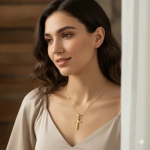 Close-up of a model wearing the stunning 24k gold cross necklace for scale.