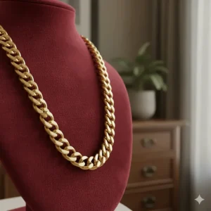 Detailed shot of a pure 24k gold chain on a velvet display, emphasizing the rich, deep yellow hue.