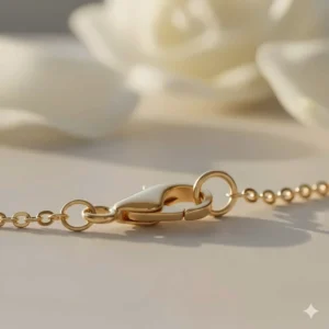 A detailed photo of the secure lobster claw clasp on the durable chain of the 18k gold cross necklace.