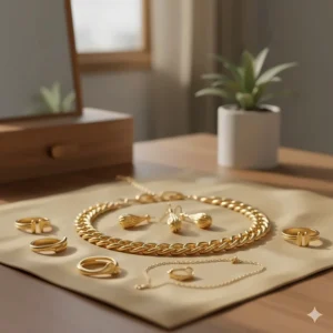 A collection of solid 24k gold jewelry pieces, including necklaces, earrings, and rings, displayed together.