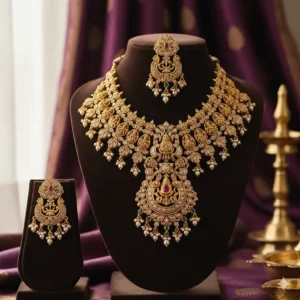 22k gold necklace and earring set, showcasing heavy, traditional designs ideal for a South Indian bride.