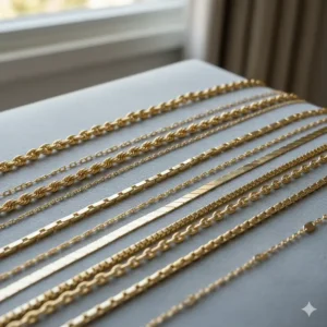 Assortment of different style 10k gold necklaces, including rope, Figaro, and box chain designs, available for purchase.