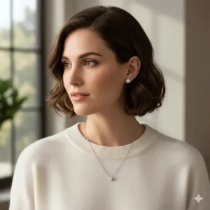 Model wearing an elegant white 10k gold necklace and matching earrings for a sophisticated appearance.