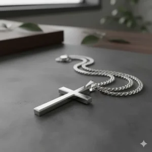 14k white gold cross pendant for men on a curb chain, offering a sleek, modern, and understated look.