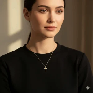 Woman wearing a delicate 18k gold cross necklace against a black top for contrast.