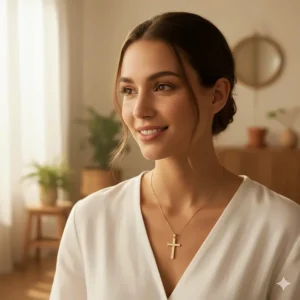 Lifestyle shot of a woman wearing an elegant 14k gold cross necklace with a simple outfit.