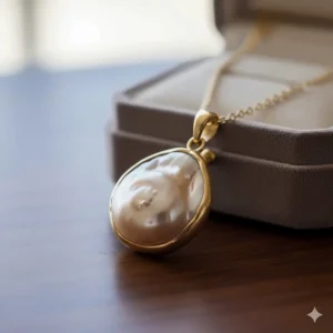 A unique baroque pearl necklace set on a sturdy 14k gold chain, showcasing the irregular shape of the pearl.